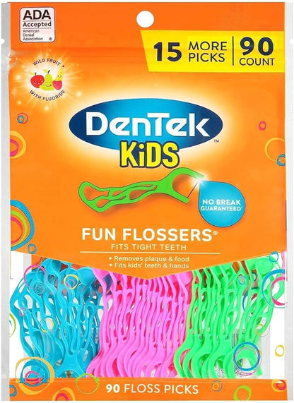 DenTek Fun Flossers - Palillos de hilo dental para niños con sabor a fruta silvestre, 90 unidades