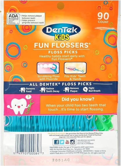 DenTek Fun Flossers - Palillos de hilo dental para niños con sabor a fruta silvestre, 90 unidades