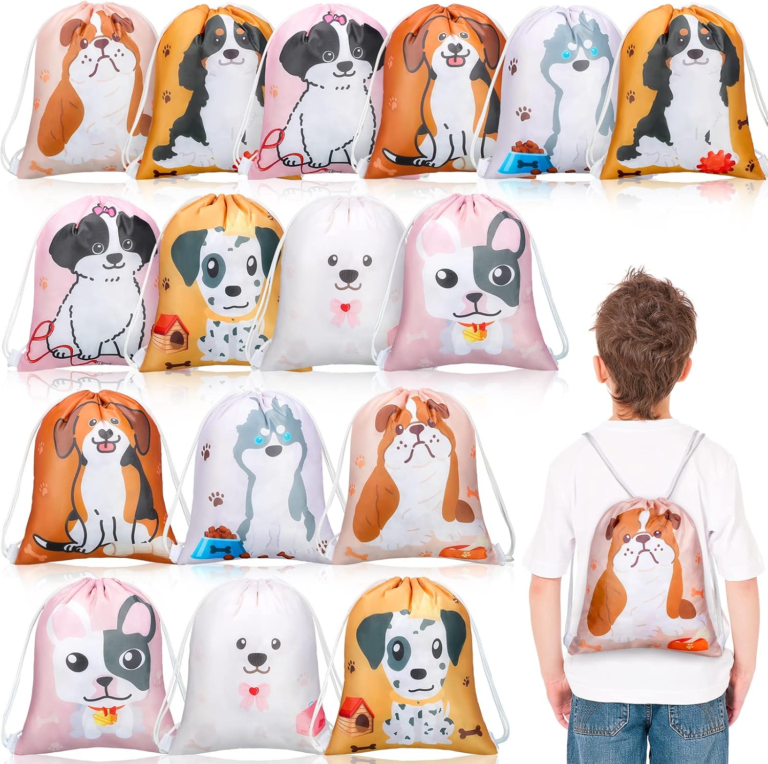 14 bolsas con cordón con estampado temática de perros
