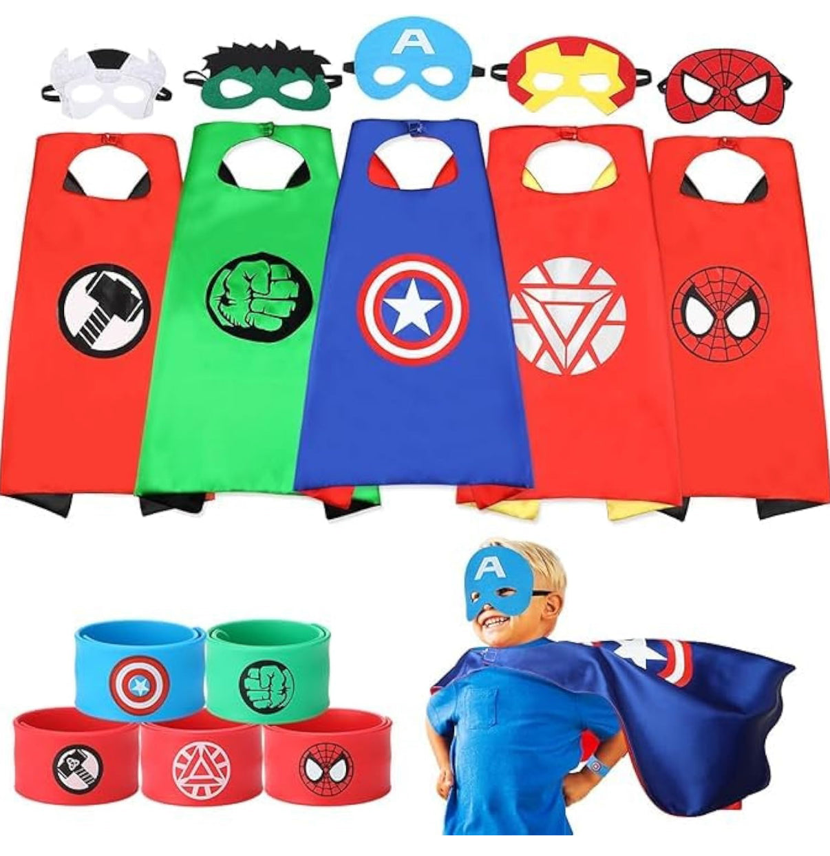 Juego de 5 capas de superhéroe y pulseras para niños
