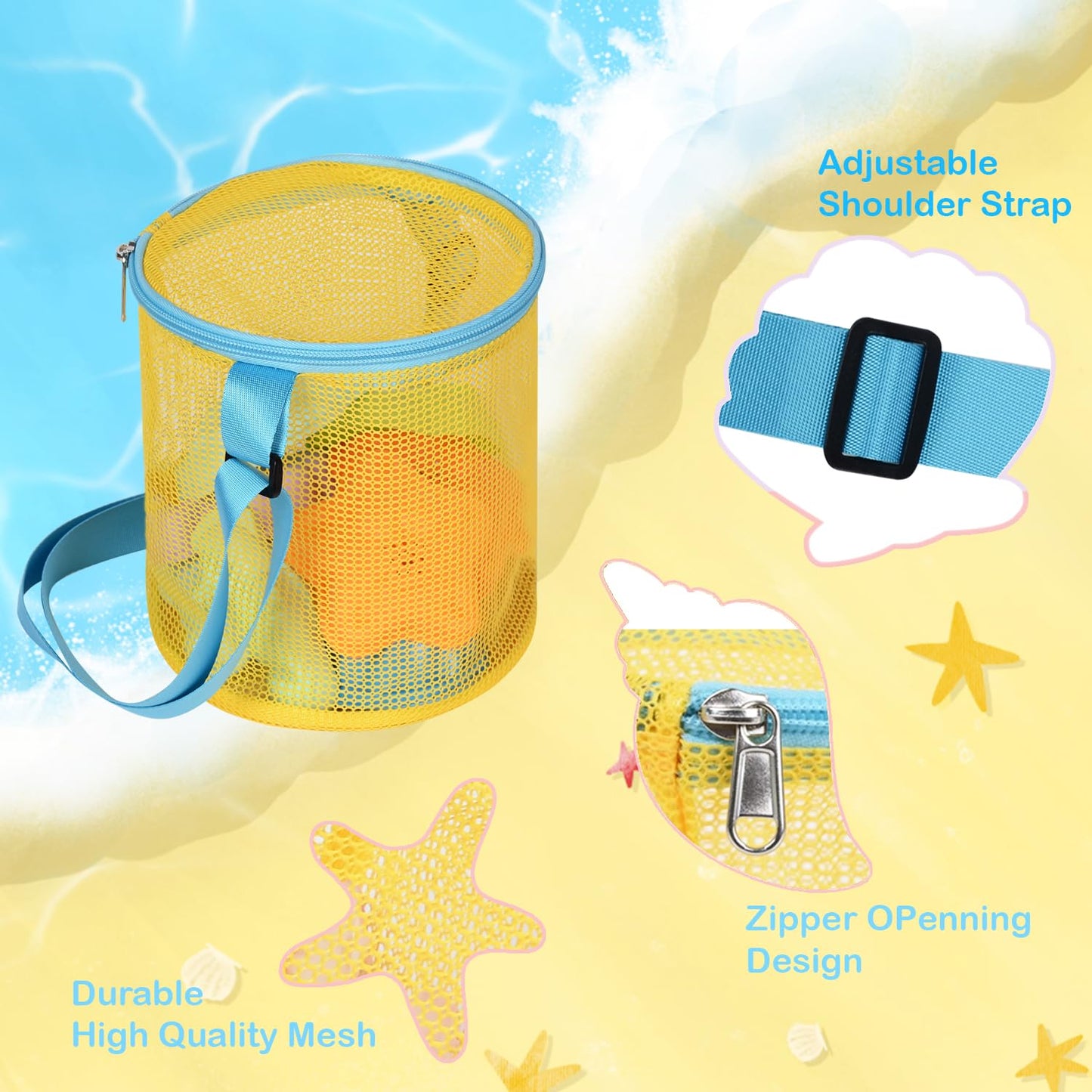 MUYIZI Bolsa de playa de malla para coleccionar conchas, 2 unidades