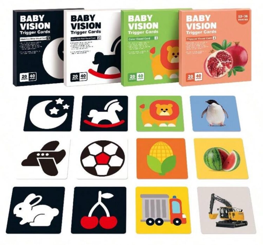Set de 4 conjuntos de Tarjetas de Estimulación Visual para Bebés de 0-36 Meses