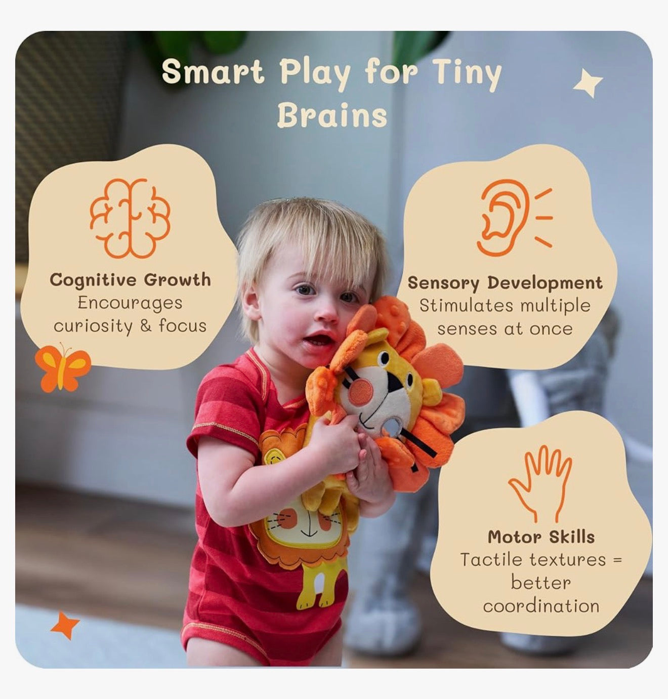 Funstuff Roary The Lion Juguete Crujiente para Bebé - Juguetes Sensoriales para Tiempo Boca Abajo