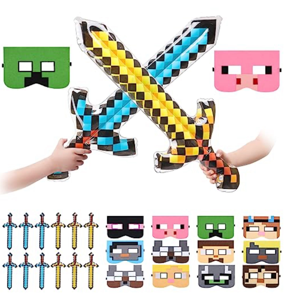 Paquete de 12 espadas inflables y máscaras, temática Minecraft