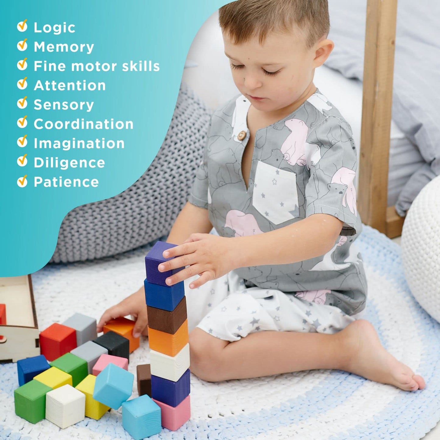 Ulanik Bloques de colores medianos Montessori Juguetes de madera