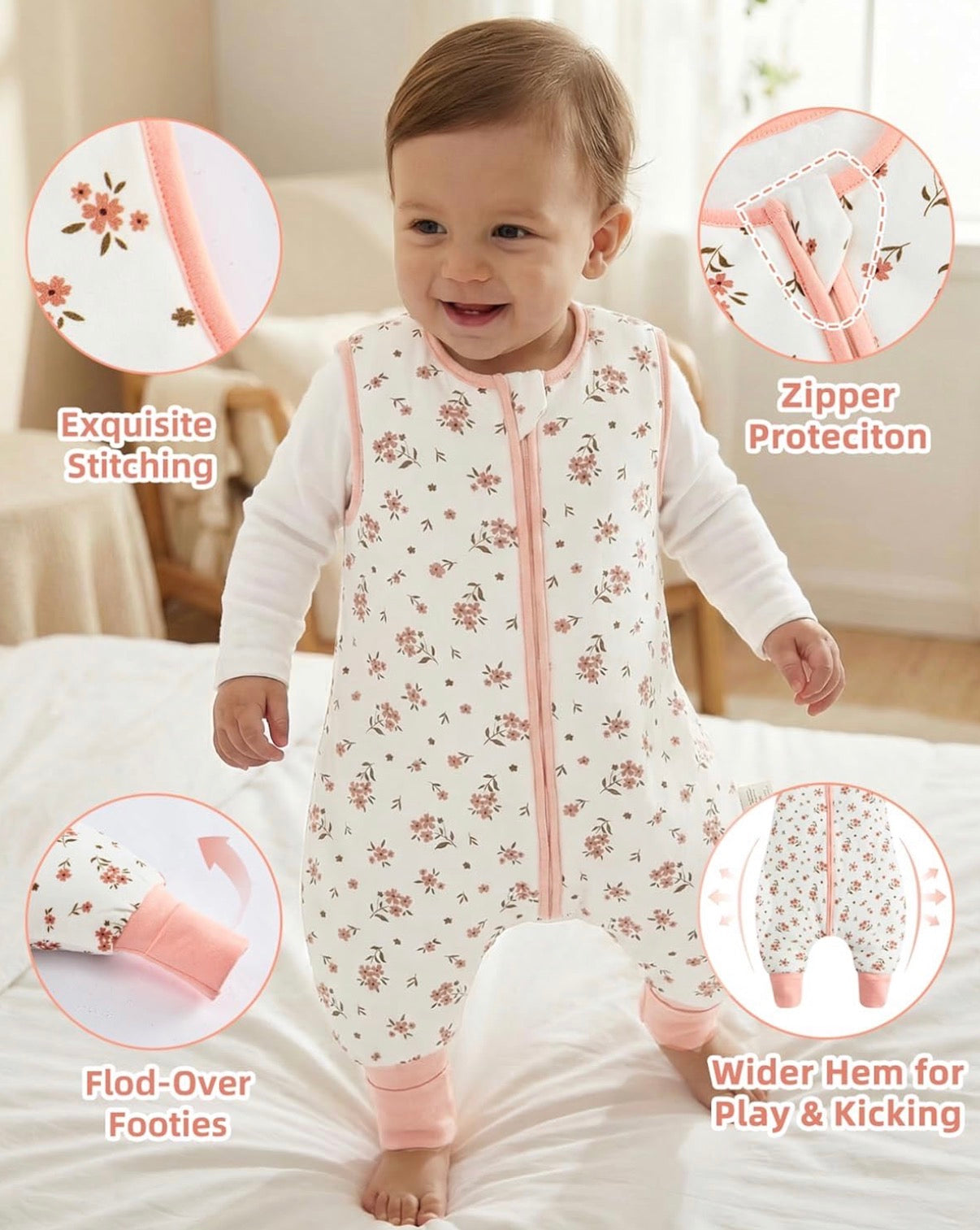 WYTbaby Paquete de 2 sacos de dormir con piernas, puños plegables, manta de algodón 1.5 1.0 TOG 2-3 años