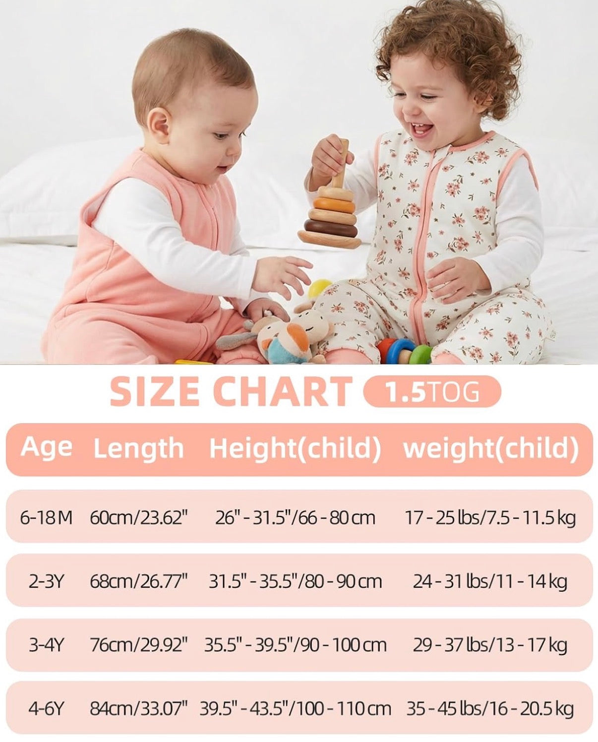 WYTbaby Paquete de 2 sacos de dormir con piernas, puños plegables, manta de algodón 1.5 1.0 TOG 2-3 años