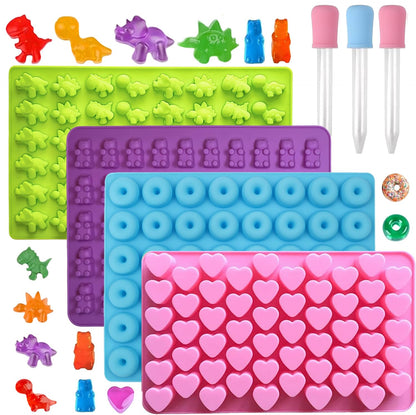 Molde de gomitas para niños, incluye mini dinosaurio, oso, corazones y mini dona. 201 cavidades, 3 goteros. 4 unidades