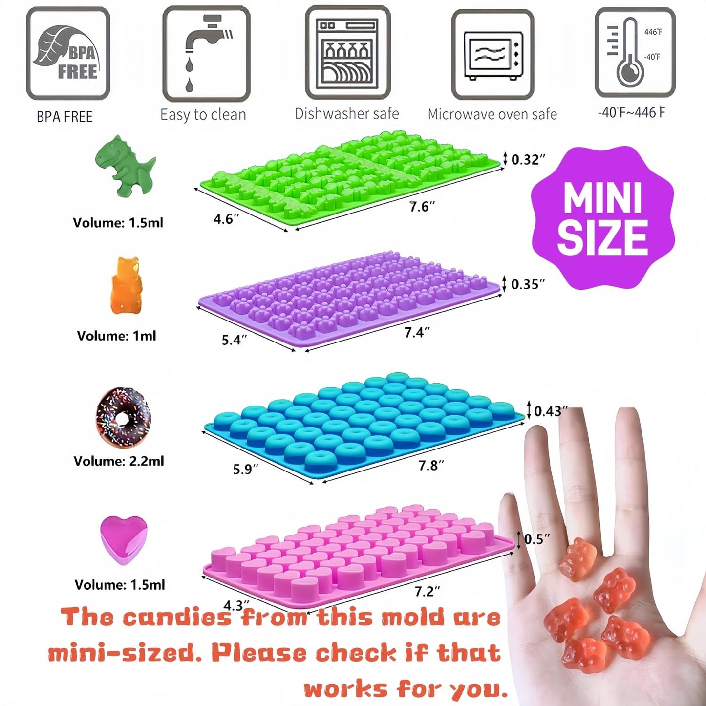 Molde de gomitas para niños, incluye mini dinosaurio, oso, corazones y mini dona. 201 cavidades, 3 goteros. 4 unidades