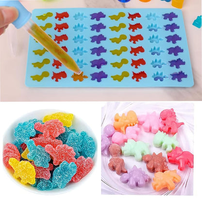 Molde de gomitas para niños, incluye mini dinosaurio, oso, corazones y mini dona. 201 cavidades, 3 goteros. 4 unidades