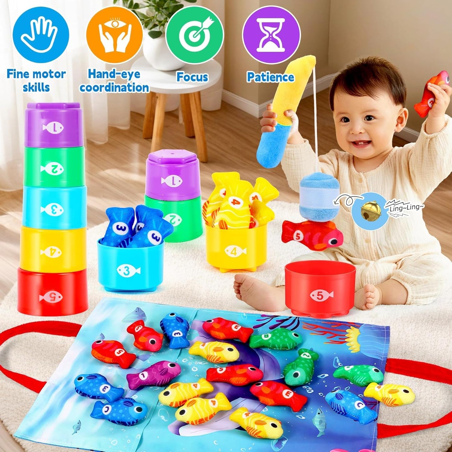 Juguetes Montessori Juego Pesca de Tela - 20 Piezas con 15 Peces