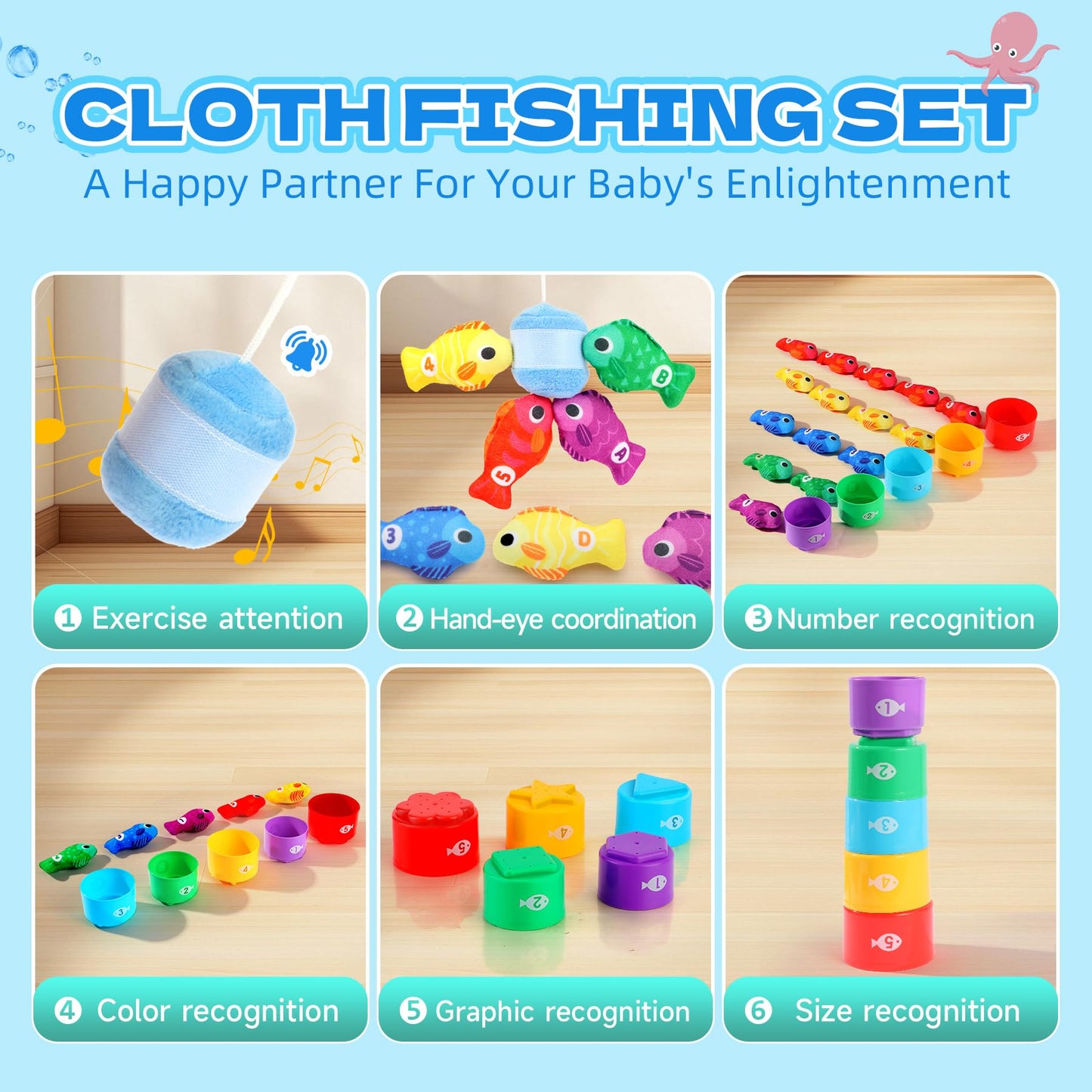 Juguetes Montessori Juego Pesca de Tela - 20 Piezas con 15 Peces