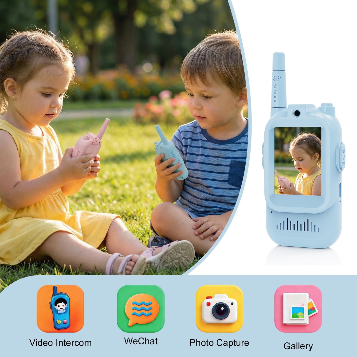 Walkie Talkies de video para niños, paquete de 2 juguetes recargables para niños pequeños con cámara HD