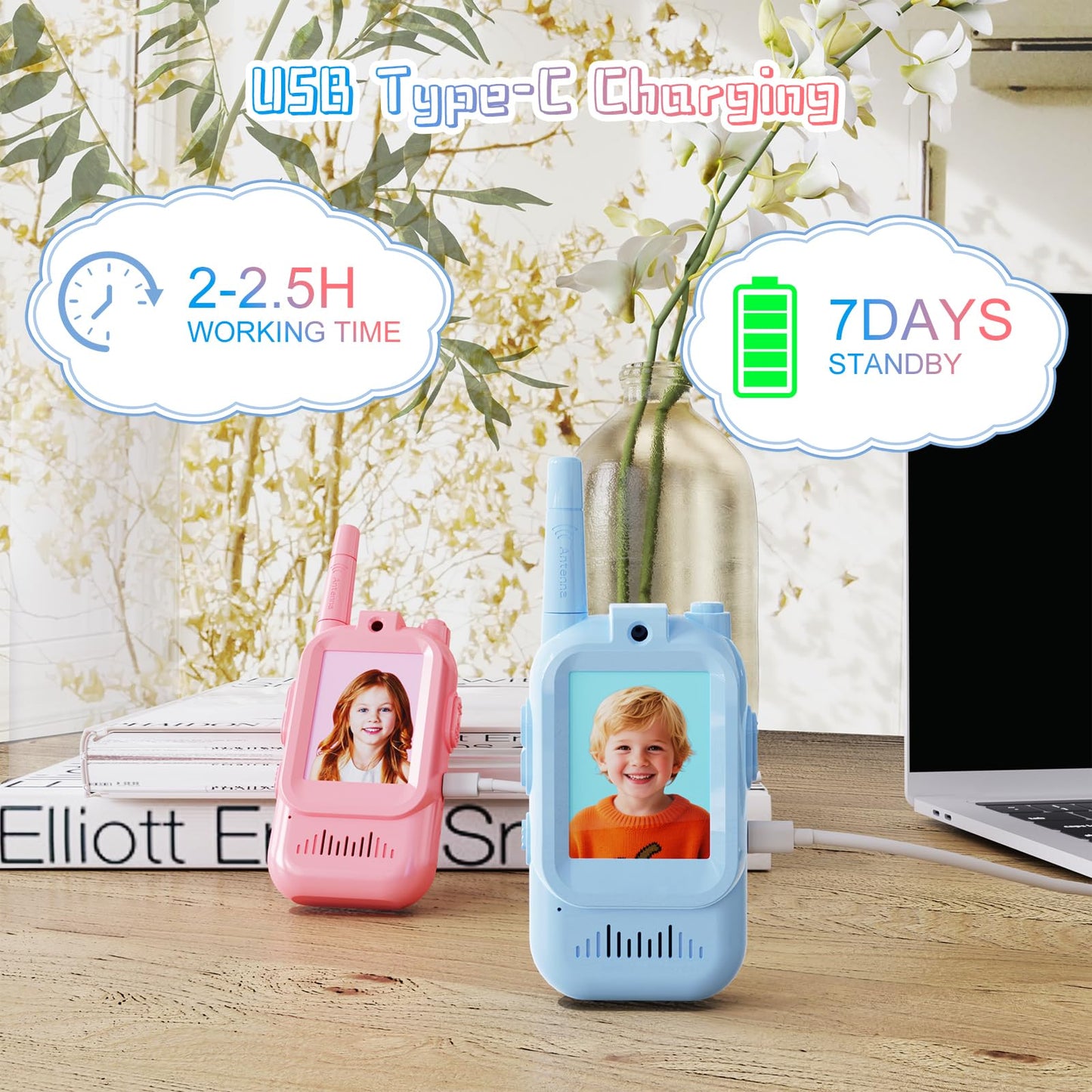 Walkie Talkies de video para niños, paquete de 2 juguetes recargables para niños pequeños con cámara HD