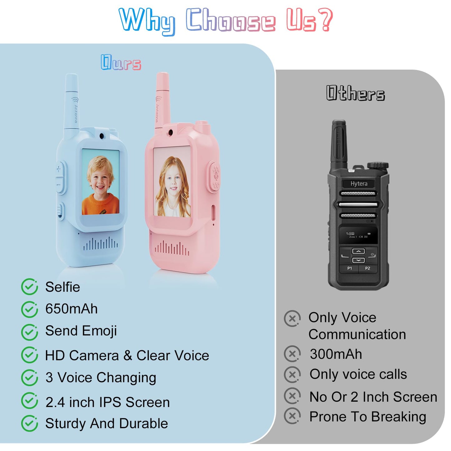 Walkie Talkies de video para niños, paquete de 2 juguetes recargables para niños pequeños con cámara HD