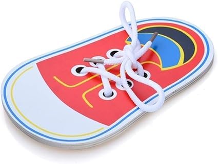 Práctica para atar zapatos de madera roja