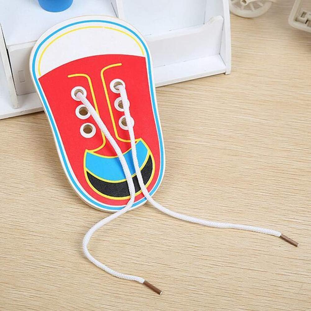 Práctica para atar zapatos de madera roja