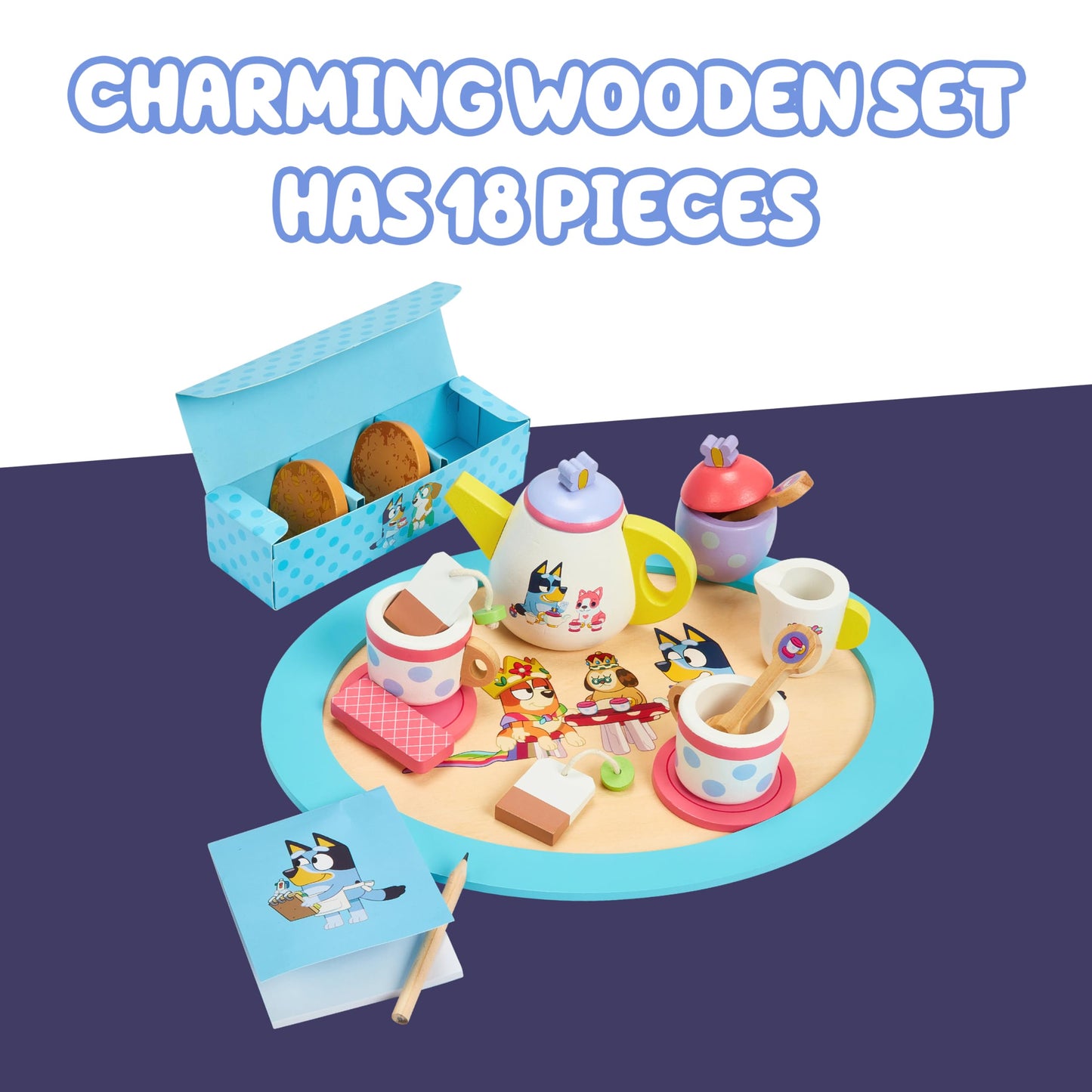 Bluey Toys - Juego de té de madera, juego de té de 18 piezas