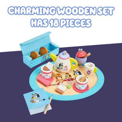 Bluey Toys - Juego de té de madera, juego de té de 18 piezas