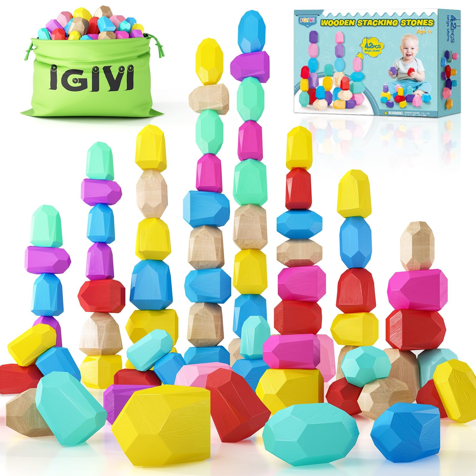 IGIVI Montessori Toys - Juego de rocas apilables de madera arcoíris – 40 bloques