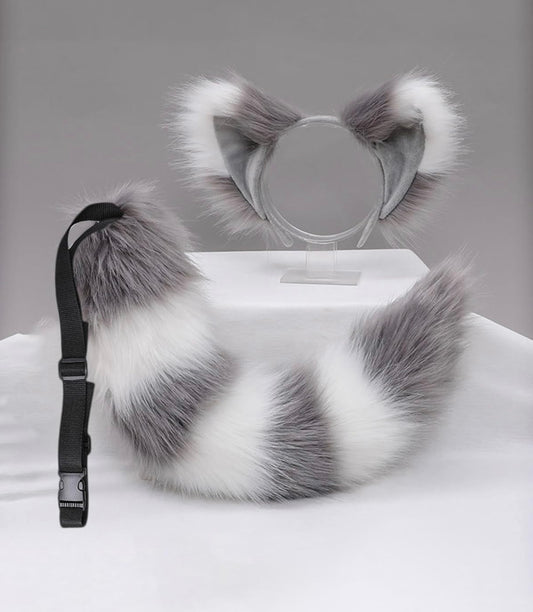 Juego de orejas de cola de piel sintética peluda