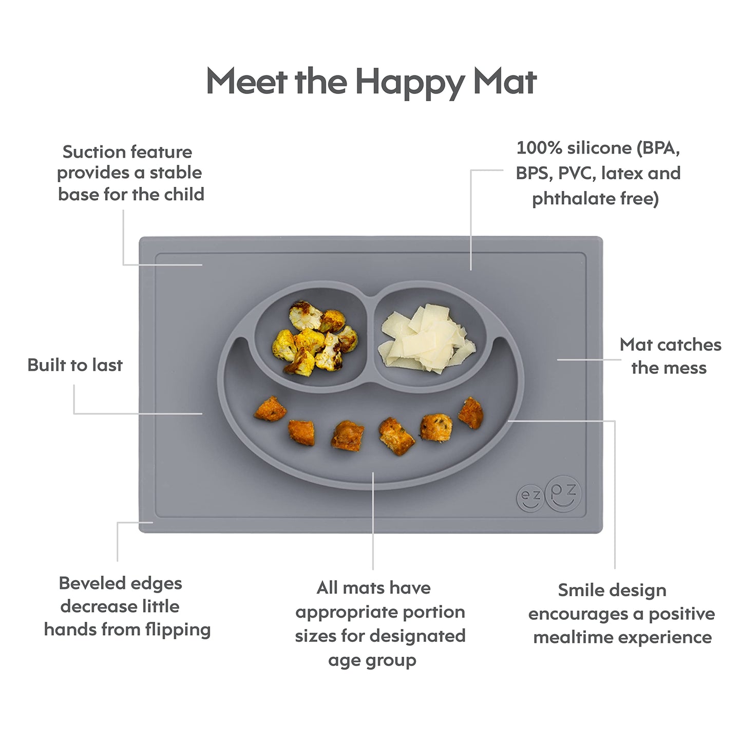 ezpz Happy Mat (gris) Nueva versión – Placa de succión 100 % silicona
