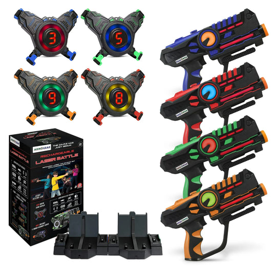 ArmoGear Juego de 4 pistolas láser con chalecos - Juego de combate láser para niños y adultos