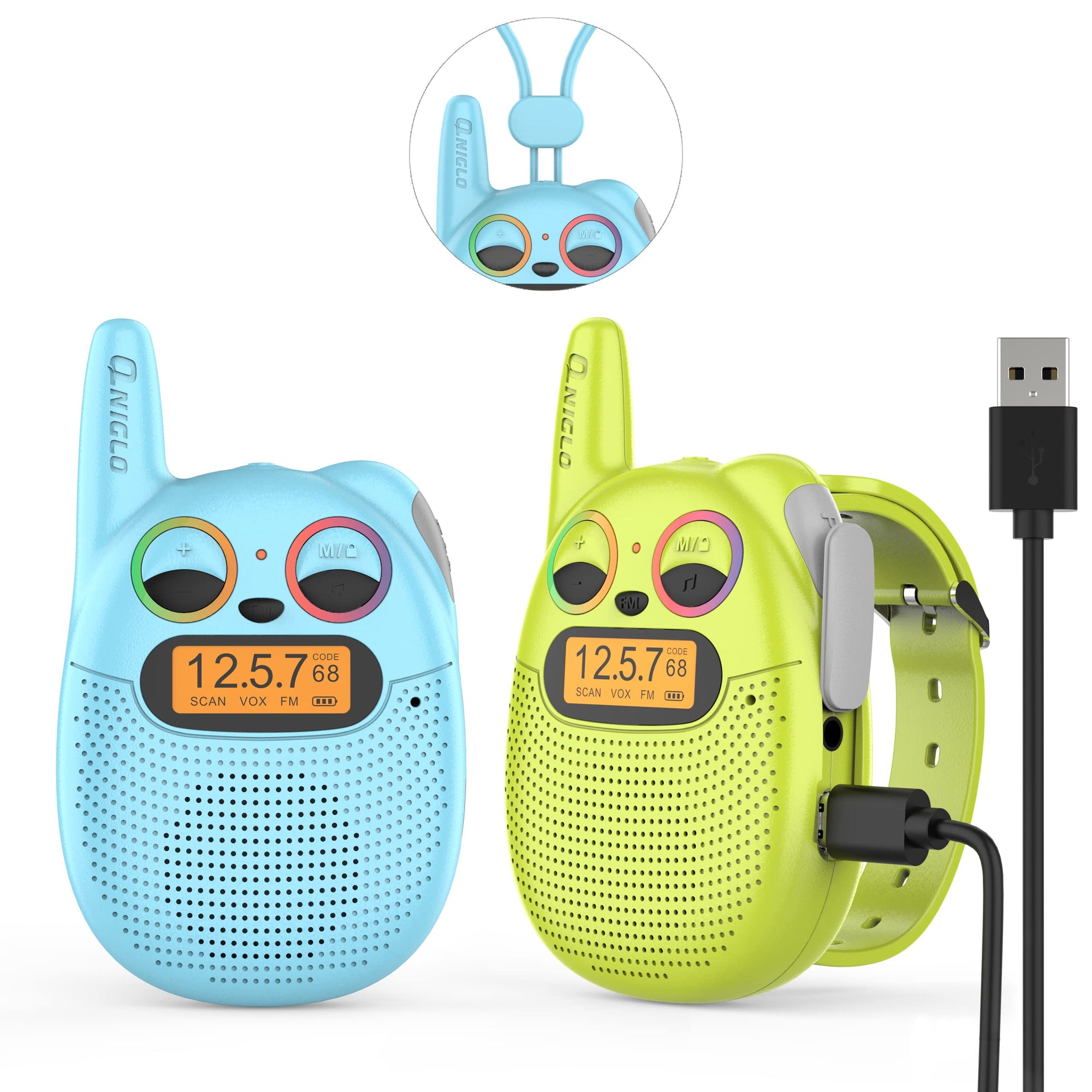 Walkie Talkies Qniglo para niños recargables, paquete de 2, verde