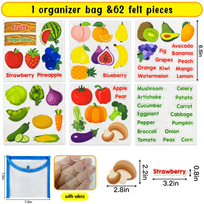 Piezas de aprendizaje de frutas y verduras de fieltro, 62 piezas