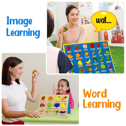 Piezas de aprendizaje de frutas y verduras de fieltro, 62 piezas