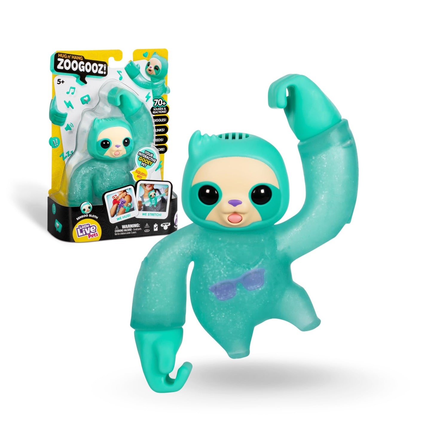 Little Live Pets - Hug n’ Hang Zoogooz Sensoo Sloth, Mascota blandita y elástica
