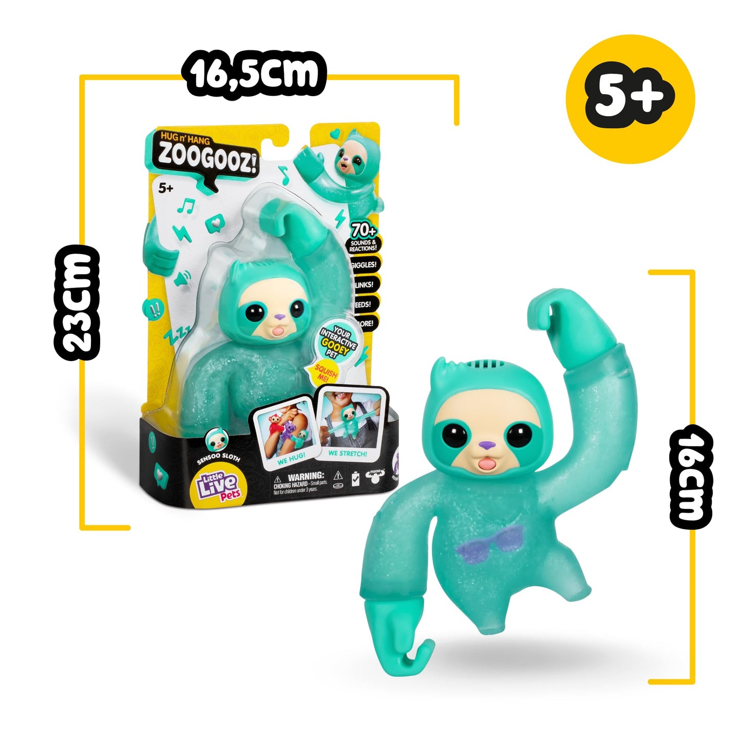 Little Live Pets - Hug n’ Hang Zoogooz Sensoo Sloth, Mascota blandita y elástica