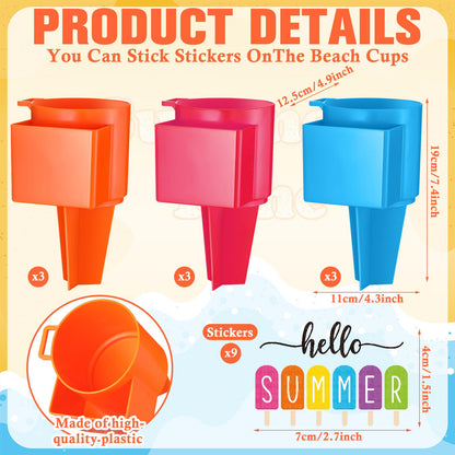 Portavasos de playa con bolsillo, portavasos de arena para playa, multifuncional, 9 Uds