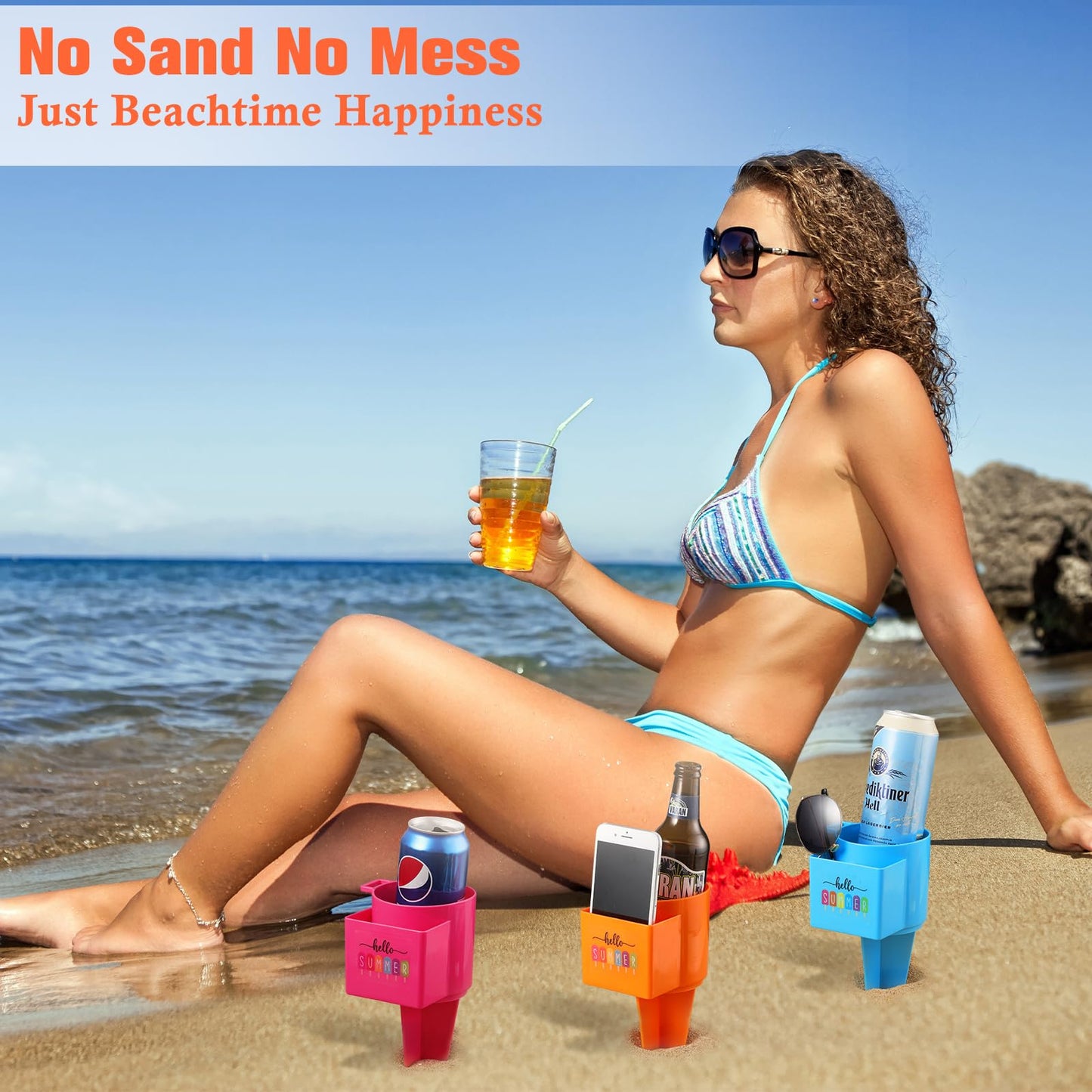 Portavasos de playa con bolsillo, portavasos de arena para playa, multifuncional, 9 Uds