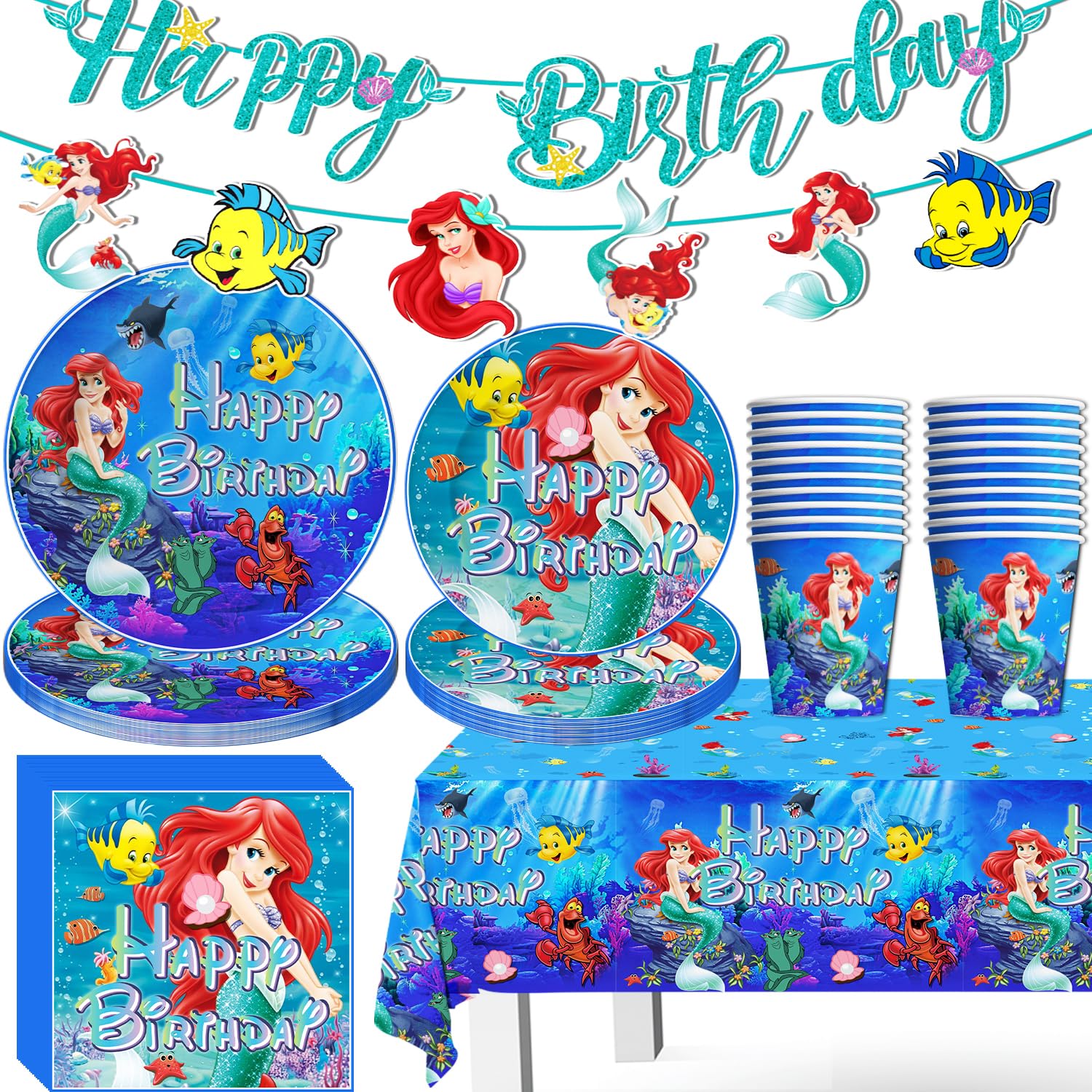 Cumpleaños de sirena, juego de vajilla de fiesta de sirena para 20 invitados