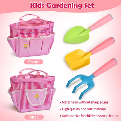 Set De 3 Herramientas De Jardín Para Niños - Mini Rastrillo Y Palas De Madera Y Hierro En Rosa, Kit Educativo Para Plantar En Macetas Y Bonsáis