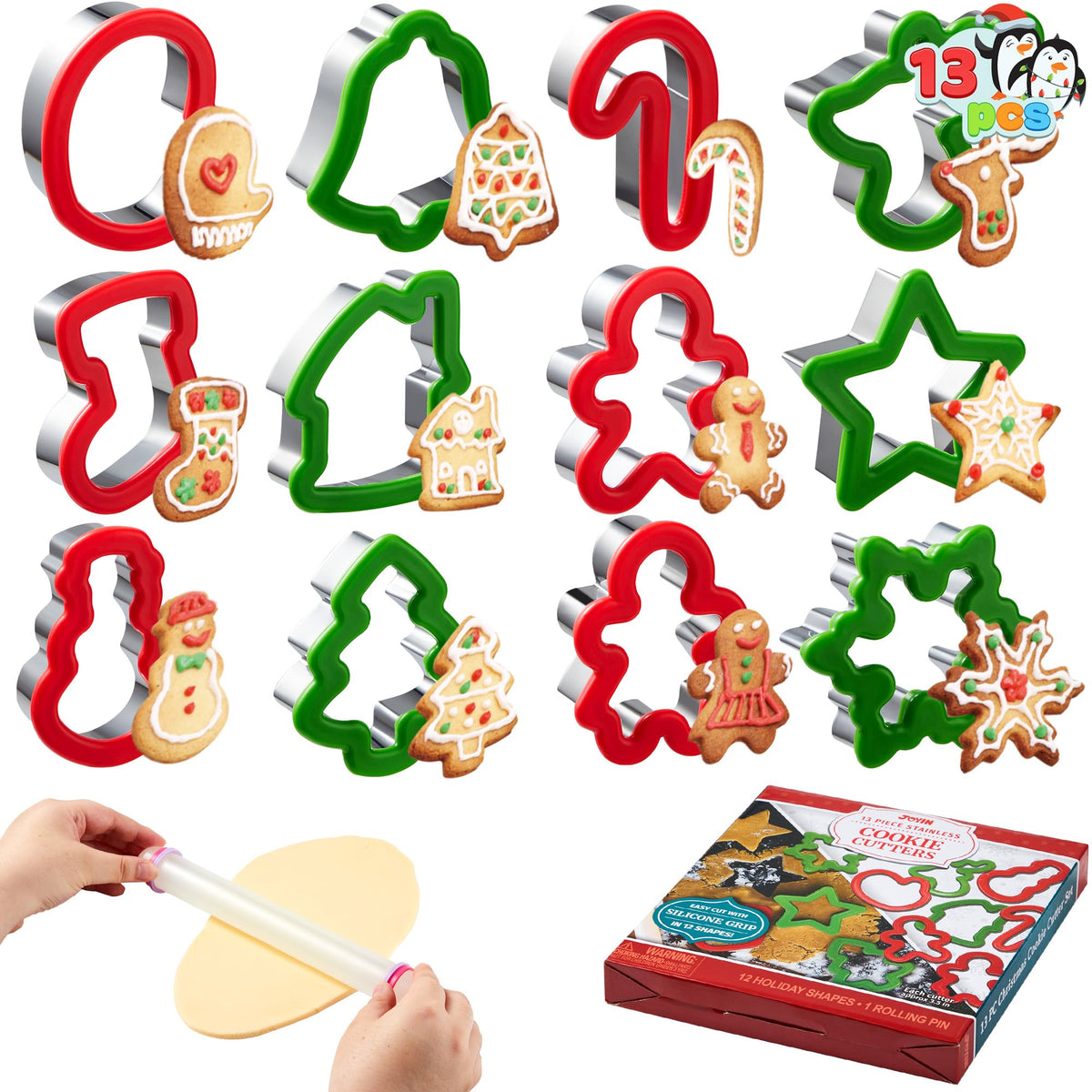 JOYIN 13 cortadores de galletas de Navidad en acero inoxidable con agarre de 3.5 pulgadas y un rodillo