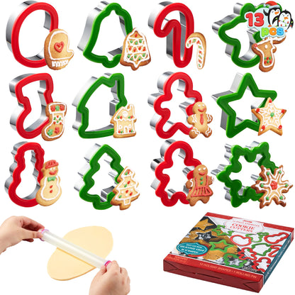 JOYIN 13 cortadores de galletas de Navidad en acero inoxidable con agarre de 3.5 pulgadas y un rodillo