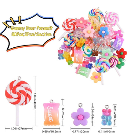 80 colgantes con forma de piruleta, dijes de ositos de goma, dijes de caramelos coloridos