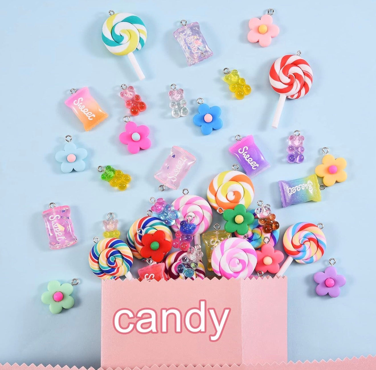 80 colgantes con forma de piruleta, dijes de ositos de goma, dijes de caramelos coloridos