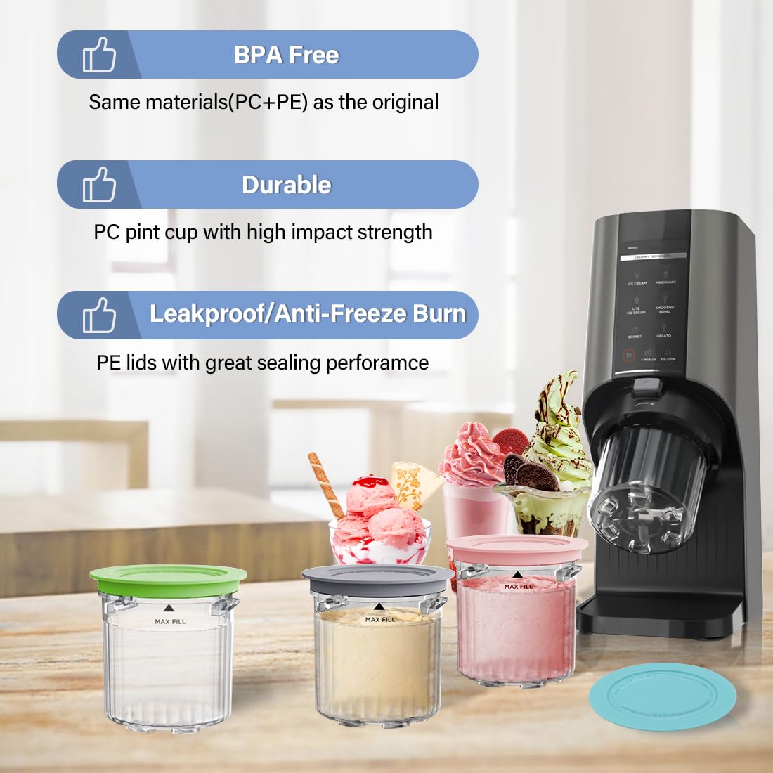 NANOBABY Recipientes de pinta y tapas de repuesto compatibles con máquinas de helado Ninja Creami Breeze