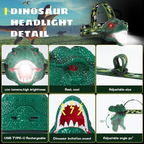 Linterna frontal para niños, recargable de dinosaurio T-Rex