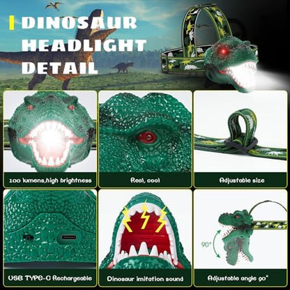 Linterna frontal para niños, recargable de dinosaurio T-Rex