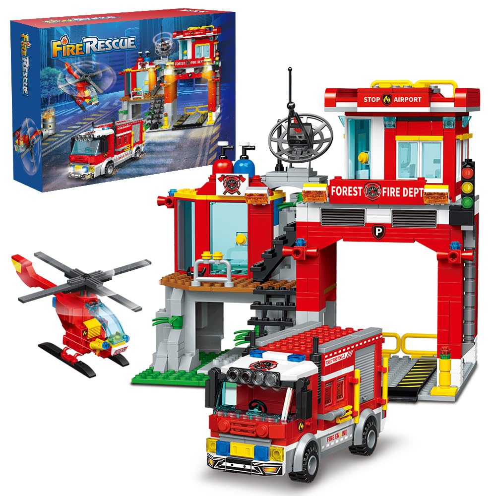 MindBox City Fire Rescue - Juego de construcción con estación de bomberos, camión y helicóptero, 772 piezas