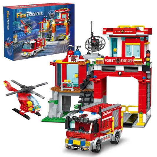 MindBox City Fire Rescue - Juego de construcción con estación de bomberos, camión y helicóptero, 772 piezas