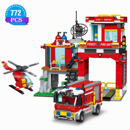MindBox City Fire Rescue - Juego de construcción con estación de bomberos, camión y helicóptero, 772 piezas