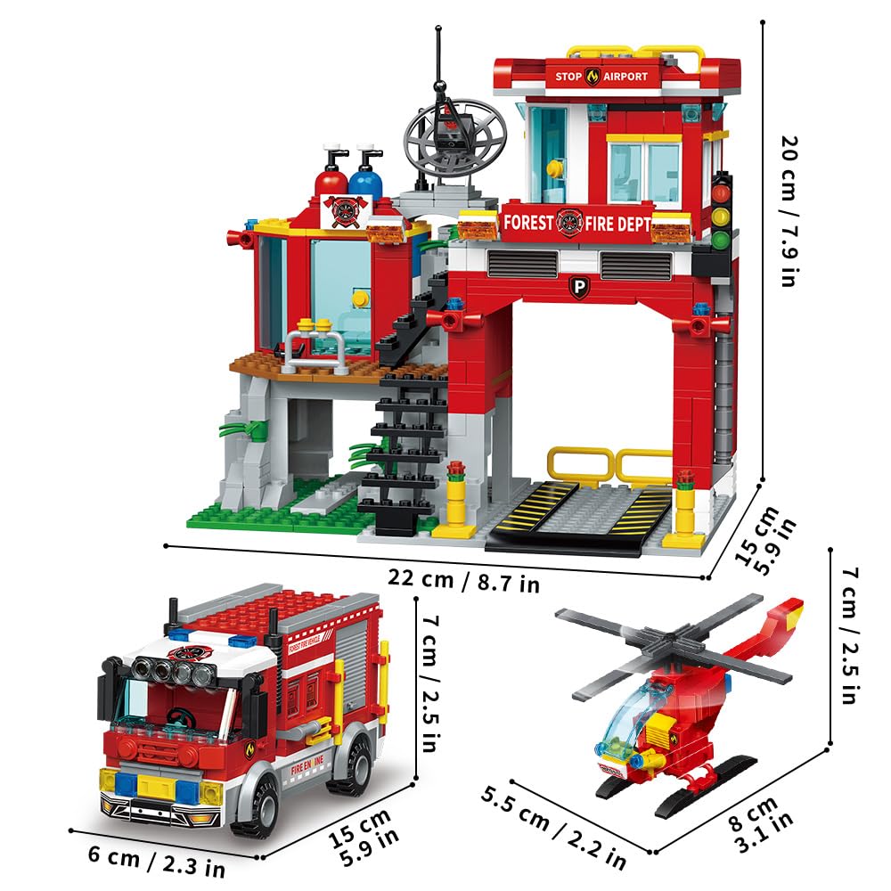 MindBox City Fire Rescue - Juego de construcción con estación de bomberos, camión y helicóptero, 772 piezas