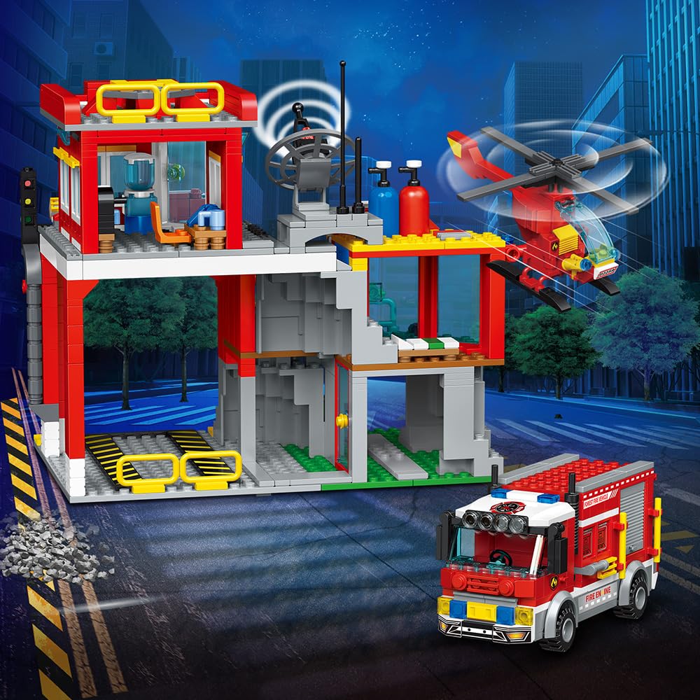 MindBox City Fire Rescue - Juego de construcción con estación de bomberos, camión y helicóptero, 772 piezas