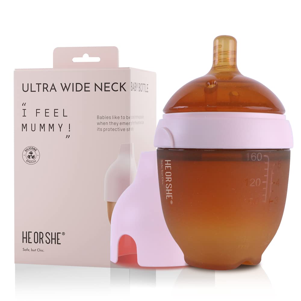 HEORSHE Biberón de cuello ultra ancho, 0-3 meses, rosa, 160 ml
