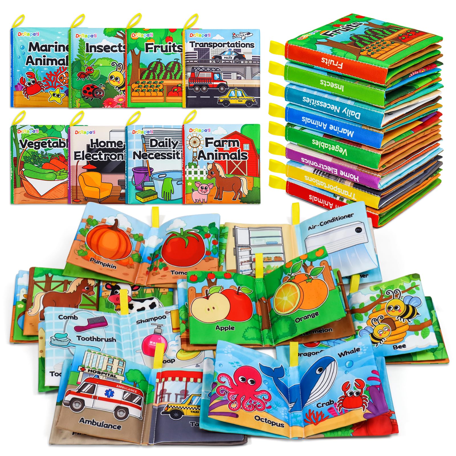Dr.Rapeti Paquete de 8 libros de tela suave, libros de baño para bebés, lavables, masticables